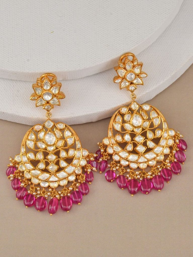 Golden Jhumka with Pink Beads